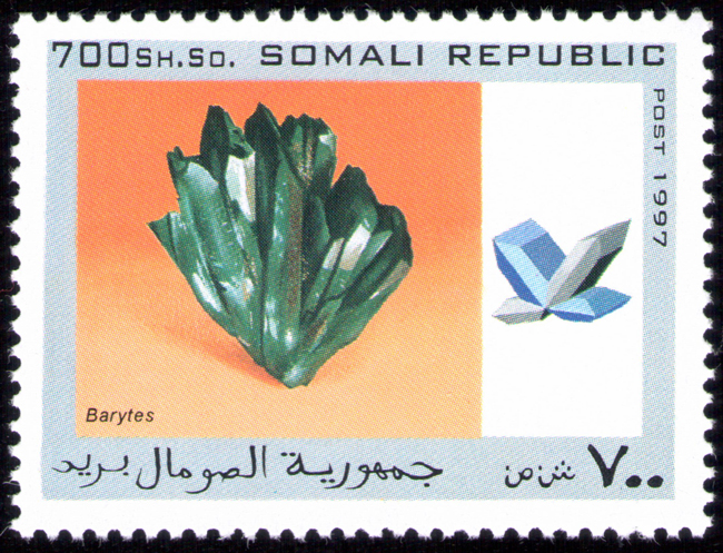 The national postal infrastructure was later completely destroyed during the civil war, with Somali Postal officially suspending operations in October 1991. Postage stamps continued to be produced illegally internationally during the war, although their subject matter suggests they were designed for external collectors. The set of mineral stamps in this album from the Somali republic are examples of hundreds of bogus topical stamps produced up to 2013. The Universal Postal Union is now assisting the reestablished Somali Postal Service to develop its capacity, including providing technical assistance and basic mail processing equipment. In October 2014, the Ministry of Posts and Telecommunications also relaunched postal delivery from abroad. The postal system is slated to be implemented throughout the country via a new postal coding and numbering system. According to the Minister of Posts and Telecommunications Mohamud Ibrihim Adan, the relaunch's next phase will enable local residents to send letters to acquaintances overseas.
Source: https://en.wikipedia.org/wiki/Postage_stamps_and_postal_history_of_Somalia Somali-Republic-1997-barite.jpg