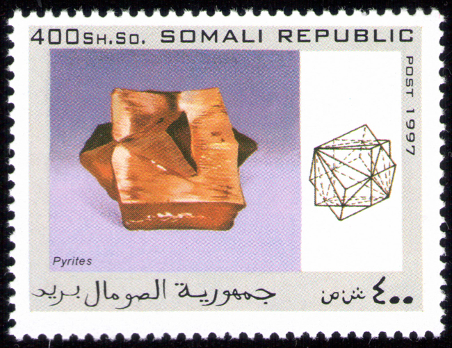 The national postal infrastructure was later completely destroyed during the civil war, with Somali Postal officially suspending operations in October 1991. Postage stamps continued to be produced illegally internationally during the war, although their subject matter suggests they were designed for external collectors. The set of mineral stamps in this album from the Somali republic are examples of hundreds of bogus topical stamps produced up to 2013. The Universal Postal Union is now assisting the reestablished Somali Postal Service to develop its capacity, including providing technical assistance and basic mail processing equipment. In October 2014, the Ministry of Posts and Telecommunications also relaunched postal delivery from abroad. The postal system is slated to be implemented throughout the country via a new postal coding and numbering system. According to the Minister of Posts and Telecommunications Mohamud Ibrihim Adan, the relaunch's next phase will enable local residents to send letters to acquaintances overseas.
Source: https://en.wikipedia.org/wiki/Postage_stamps_and_postal_history_of_Somalia Somali-Republic-1997-Pyrite.jpg